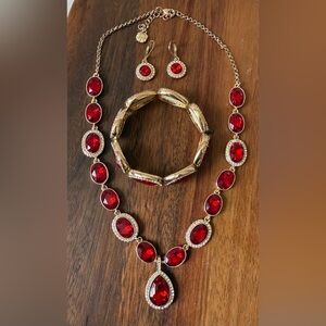 Monet Necklace Earrings Bracelet Set Red Rhinestone Jewelry Holiday Christmas